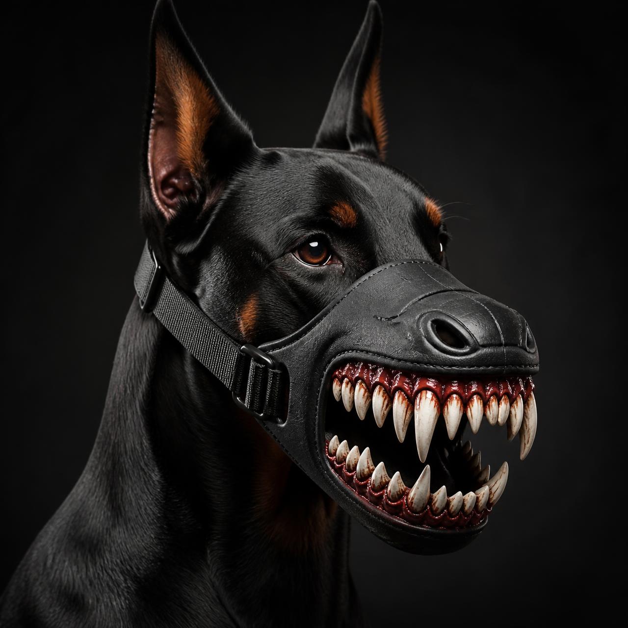Doberman wearing the BeastMouth monster fang muzzle